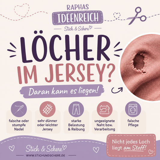 Löcher im Jersey – Übersicht zu häufigen Ursachen wie falscher oder stumpfer Nadel, dünnem Jersey, starker Belastung und Reibung, ungeeigneter Verarbeitung und falscher Pflege.