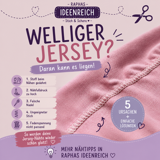 Welliger Jersey beim Nähen – Infografik mit fünf häufigen Ursachen wie gedehntem Stoff, zu hohem Nähfußdruck, falscher Nadel, ungeeignetem Stich und nicht passender Fadenspannung.