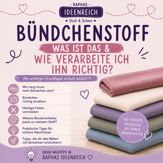 Quadratische Infografik zum Thema Bündchenstoff in den Markenfarben von Stich & Schere. Gezeigt werden verschiedene Bündchenstoffe sowie Tipps zur richtigen Länge, zum Annähen, zur Farbauswahl und zur Verarbeitung für saubere Abschlüsse an Nähprojekten.