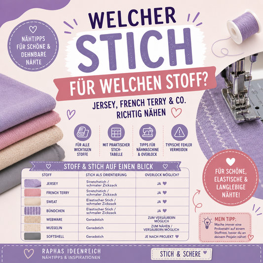 Näh-Ratgeber „Welcher Stich für welchen Stoff?“ mit Übersicht zu Geradstich, Stretchstich und Zickzack für Jersey, French Terry, Sweat, Bündchen, Webware, Musselin und Softshell.