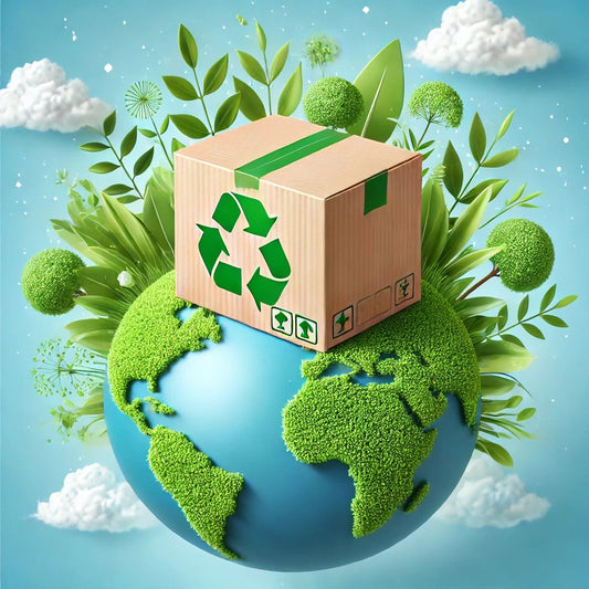 Nachhaltiger Versand: Recycelter Karton mit grünem Recycling-Symbol auf einer grünen Erde, umgeben von Pflanzen. Symbol für umweltfreundlichen Versand, ressourcenschonende Verpackung und nachhaltige Logistik. ♻️📦🌍