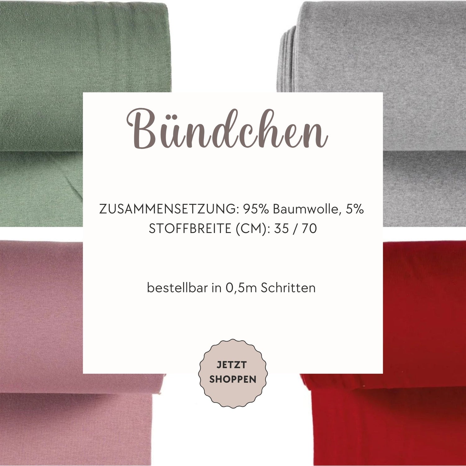 Bündchen Stoff Meterware in verschiedenen Farben – Hochwertige Qualität aus 95 % Baumwolle & 5 % Elasthan, ideal für Nähprojekte. Stoffbreite 35/70 cm, bestellbar in 0,5 m Schritten.