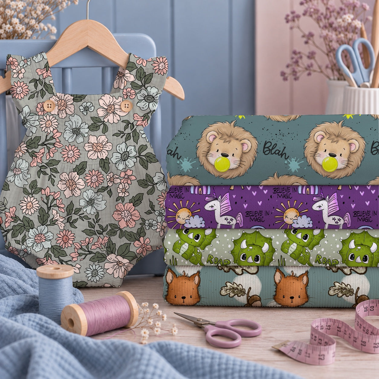 Bei dem Bild handelt es sich um ein Mockup, welches mehrere Stoffdesigns zeigt. Außerdem zeigt es ein genähtes Kleidungsstück. Die Stoffarten variieren.