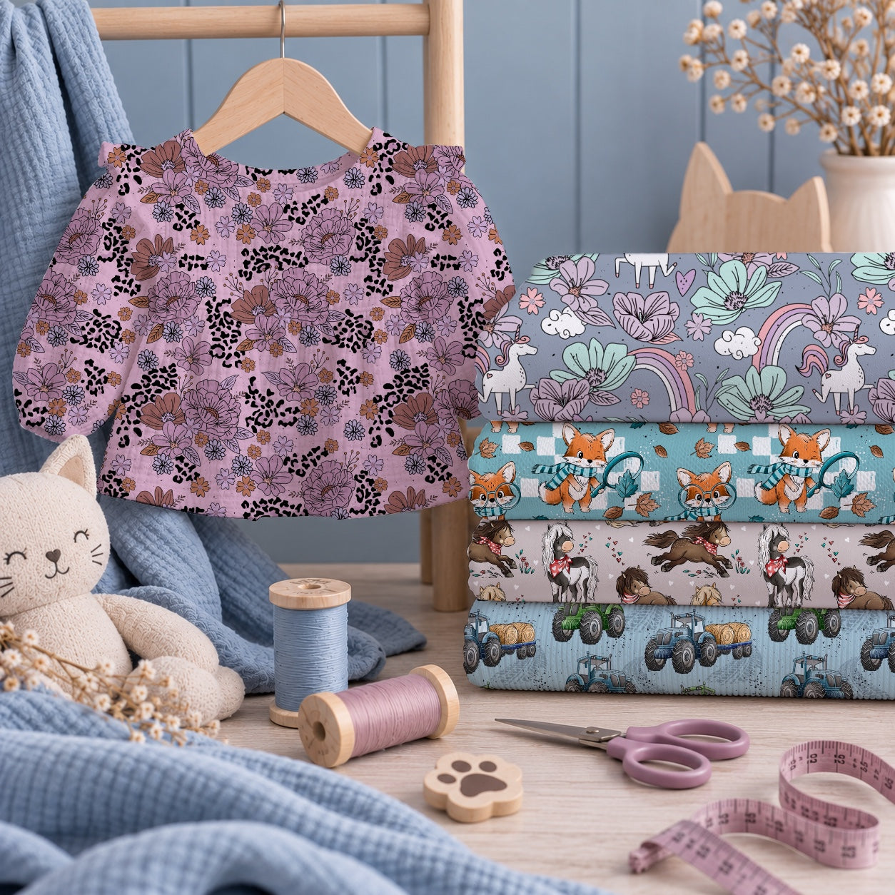 Kollektionsbild der Stoffe im Katzengold-Design: Stapel mit Einhorn-, Füchse-, Pferde- und Traktoren-Motiven. Daneben eine Kinderbluse mit Blumenmuster auf einem Kleiderbügel sowie Garn, Schere und Plüschkatze.