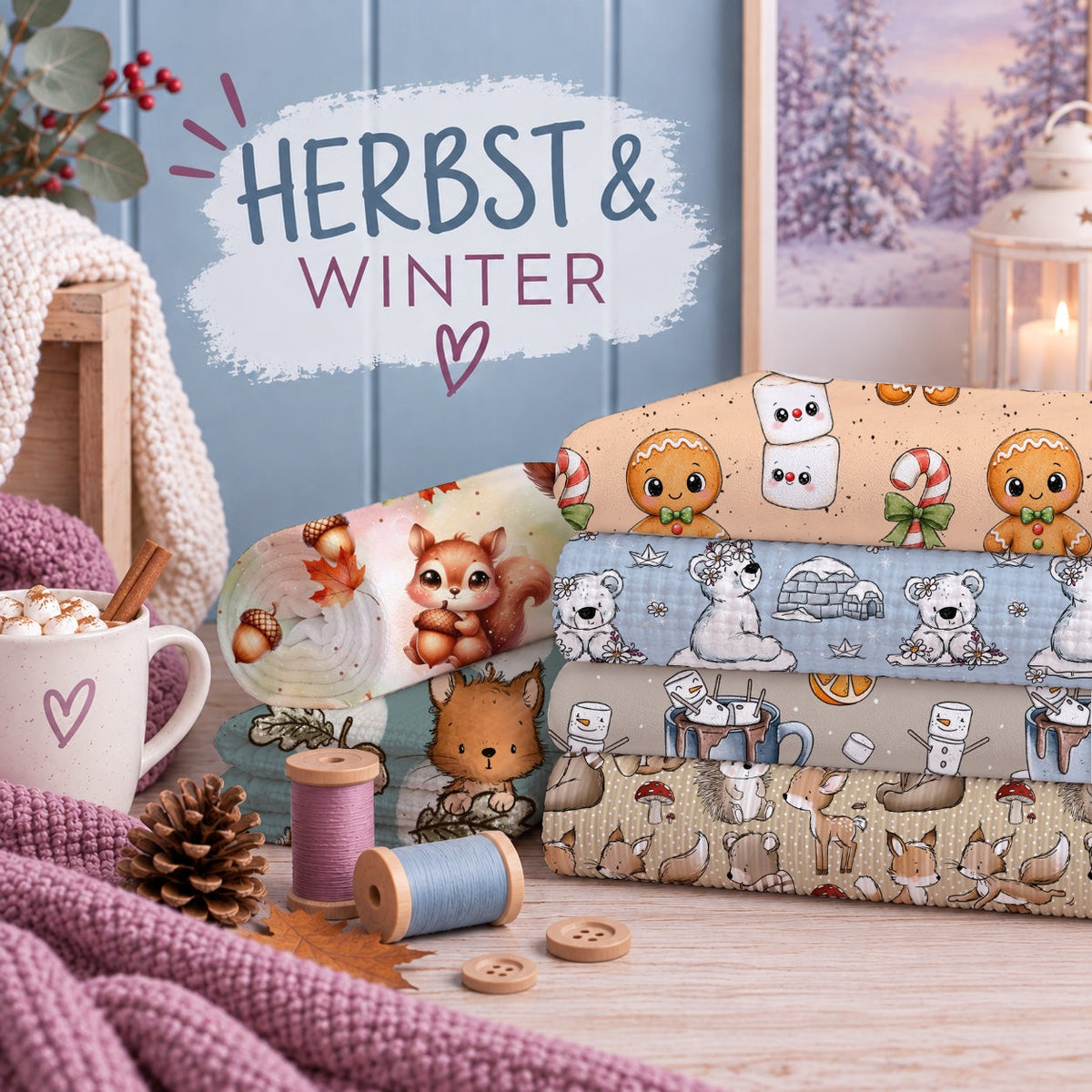 Kollektion Herbst & Winter: Gemusterte Stoffe mit Eichhörnchen, Lebkuchenmännern, Eisbären und Waldtieren. Dekoriert mit Garn, Knöpfen und Tasse mit Schokolade. Text: „HERBST & WINTER“