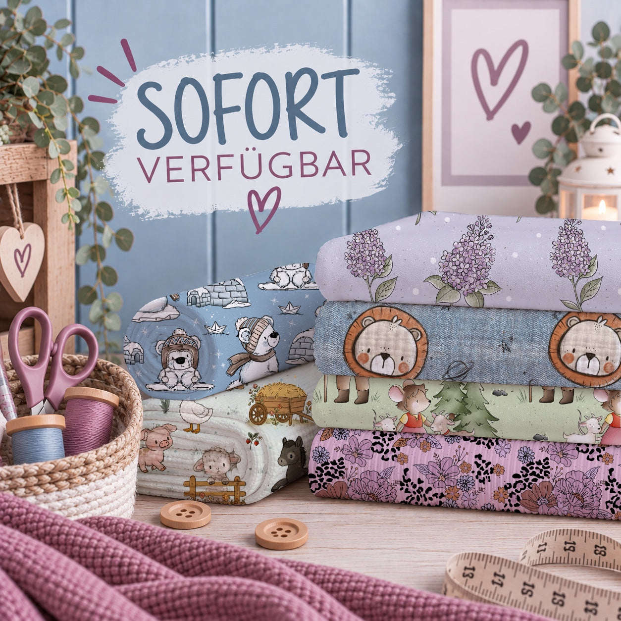Werbebild für eine Kinderstoff-Kollektion. Mehrere gemusterte Stoffe sind mit Nähzubehör arrangiert. Text im Bild: 'KINDERSTOFFE KOLLEKTION' und 'SOFORT VERFÜGBAR!'