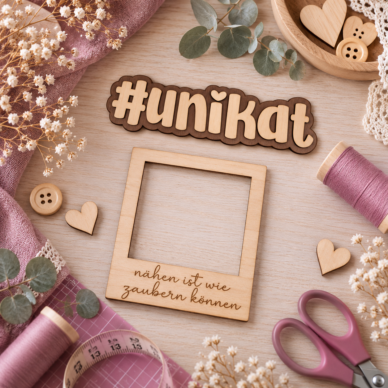 Flatlay-Deko mit Holzschriftzug „#unikat“ und Bilderrahmen-Gravur „nähen ist wie zaubern können“. Außenrum Garnrollen, Schere, Holzknöpfe, Herzen und Trockenblumen.
