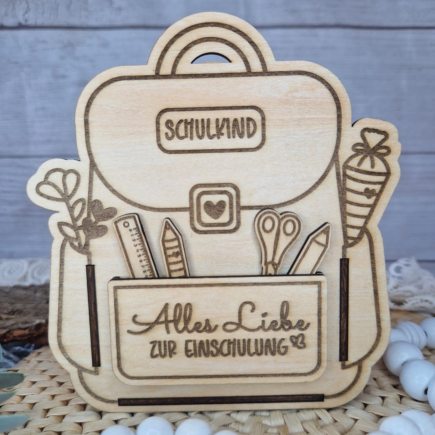 Personalisiertes Holz-Rucksack Einschulungsgeschenk – Zum Selbstbefüllen mit Namen oder Spruch
