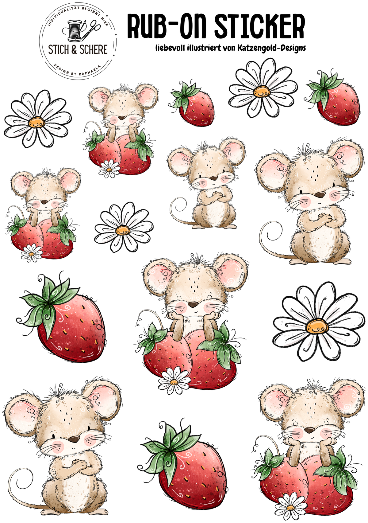 Rub-On Sticker | Erdbeermäuschen – liebevoll illustriert von Katzengold-Designs