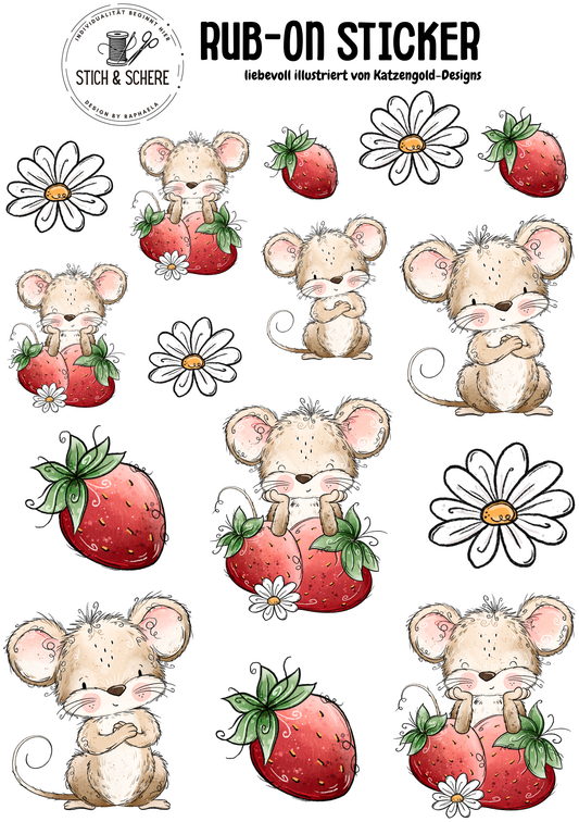 Rub-On Sticker | Erdbeermäuschen – liebevoll illustriert von Katzengold-Designs