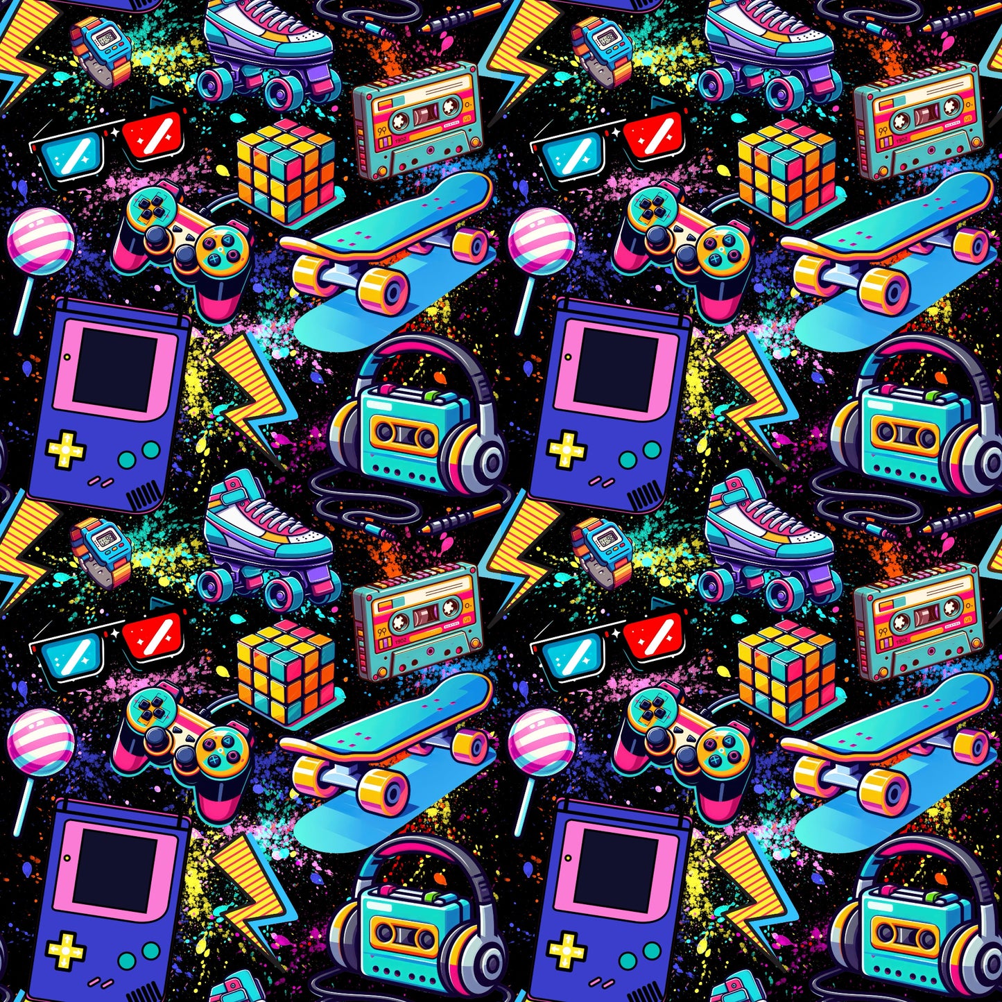 Kinderstoff 90’s mit bunten Retro-Gaming- und Streetstyle-Motiven auf Jersey & French Terry.