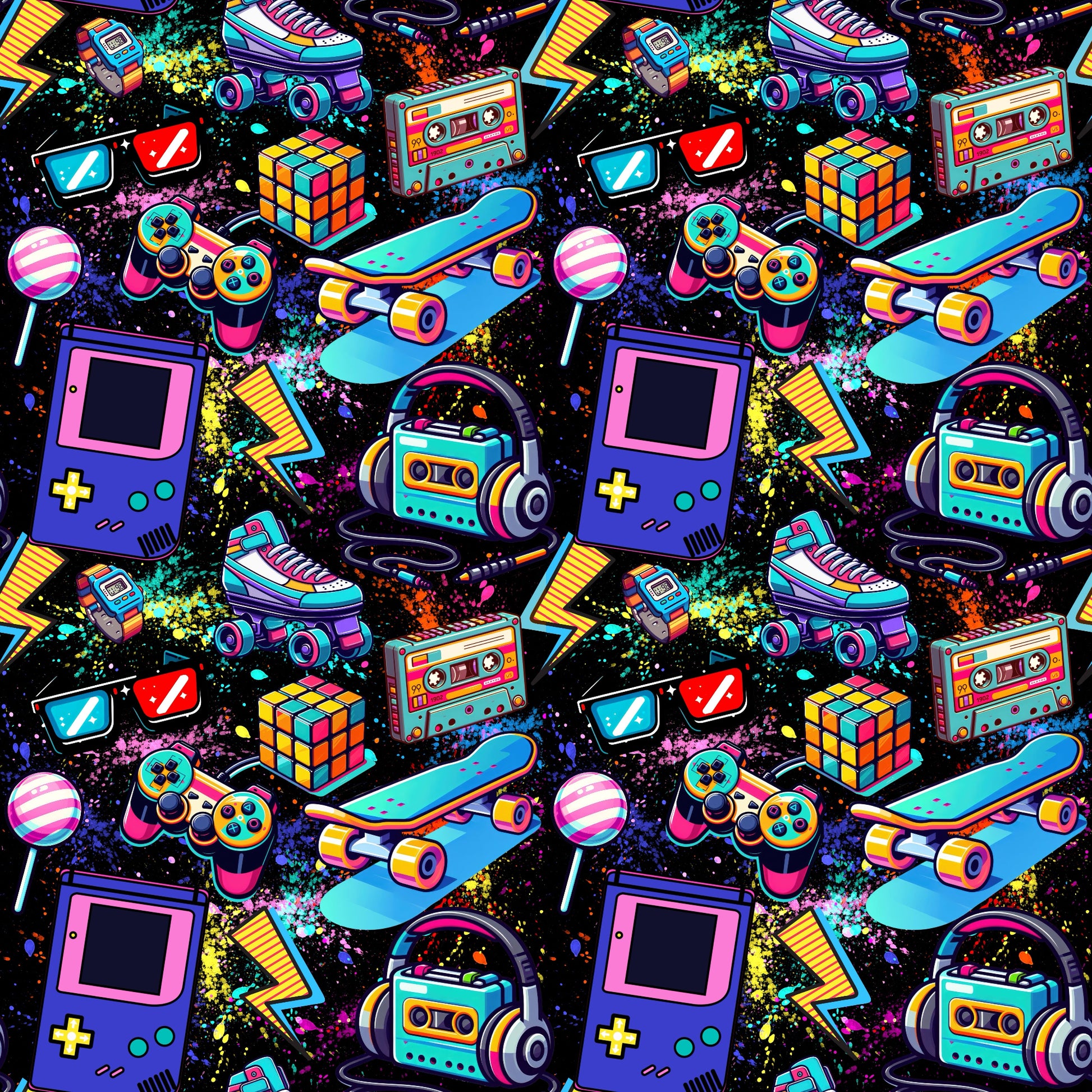 Kinderstoff 90’s mit bunten Retro-Gaming- und Streetstyle-Motiven auf Jersey & French Terry.