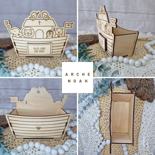 Arche Noah Collage mit dem Blich von vorne, von hinten von der Seite und von oben.