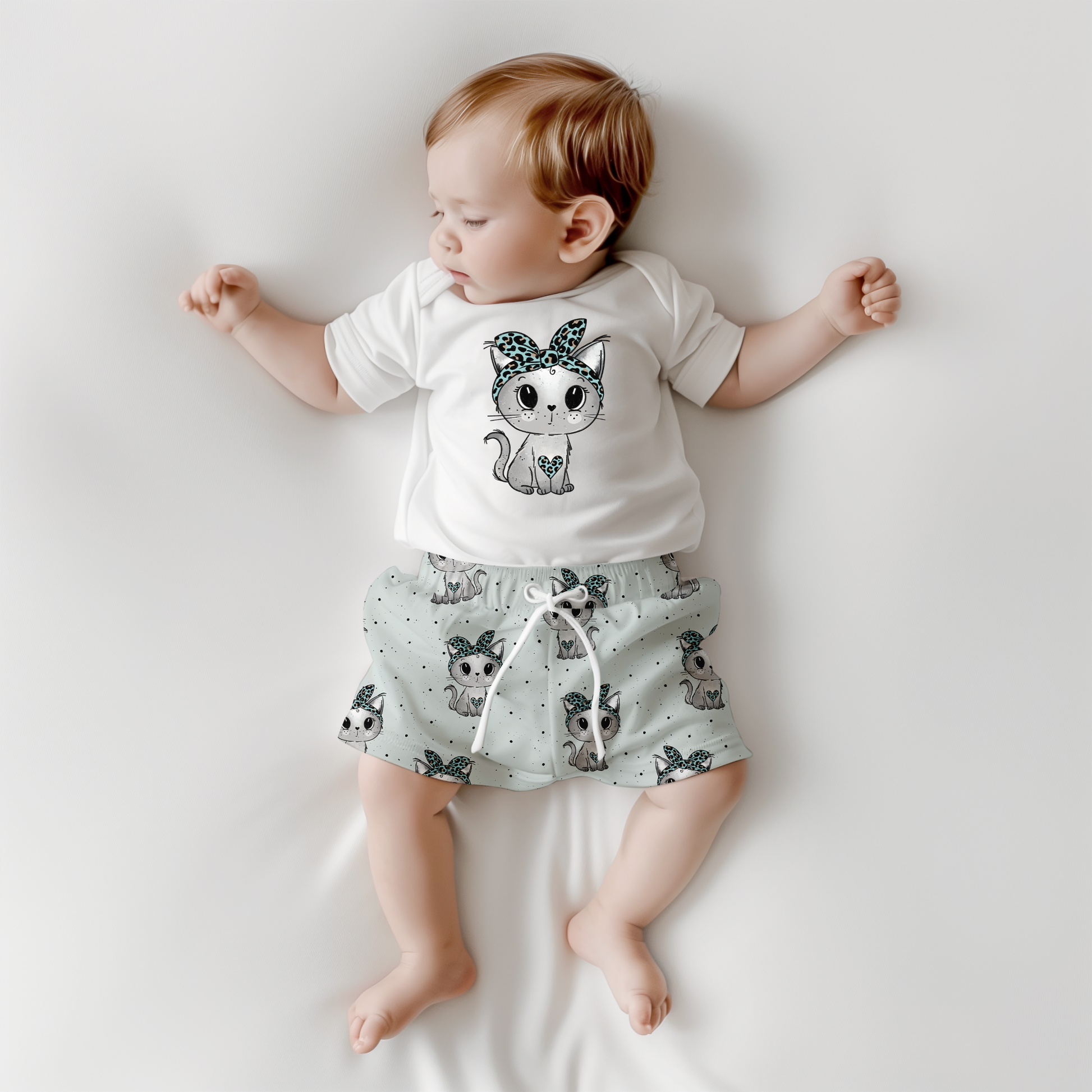 Baby trägt Hose im „Leo Kitty“ Stoffdesign und Body mit passendem Katzen-Bügelbild, modernes Handmade Outfit im süßen Katzendesign