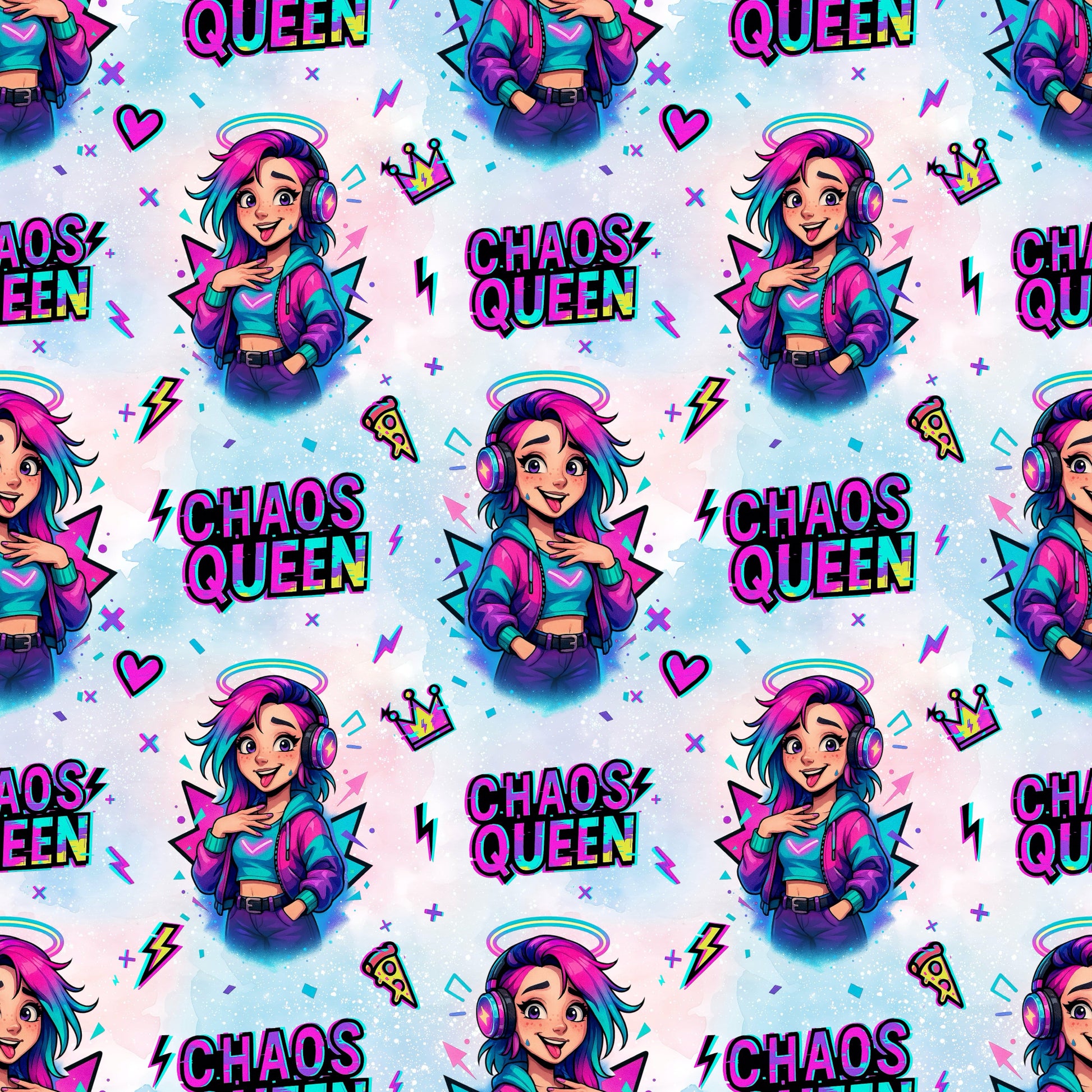 Nahtloses Stoffdesign „Chaos Queen“ mit bunter Comic‑Figur: junge Frau mit pink‑türkisfarbenem Haar, Kopfhörern, lila Bomberjacke, vor buntem Hintergrund mit Herzen, Blitzen, Pizza‑Stück und der Aufschrift „Chaos Queen“ in Neonfarben.
