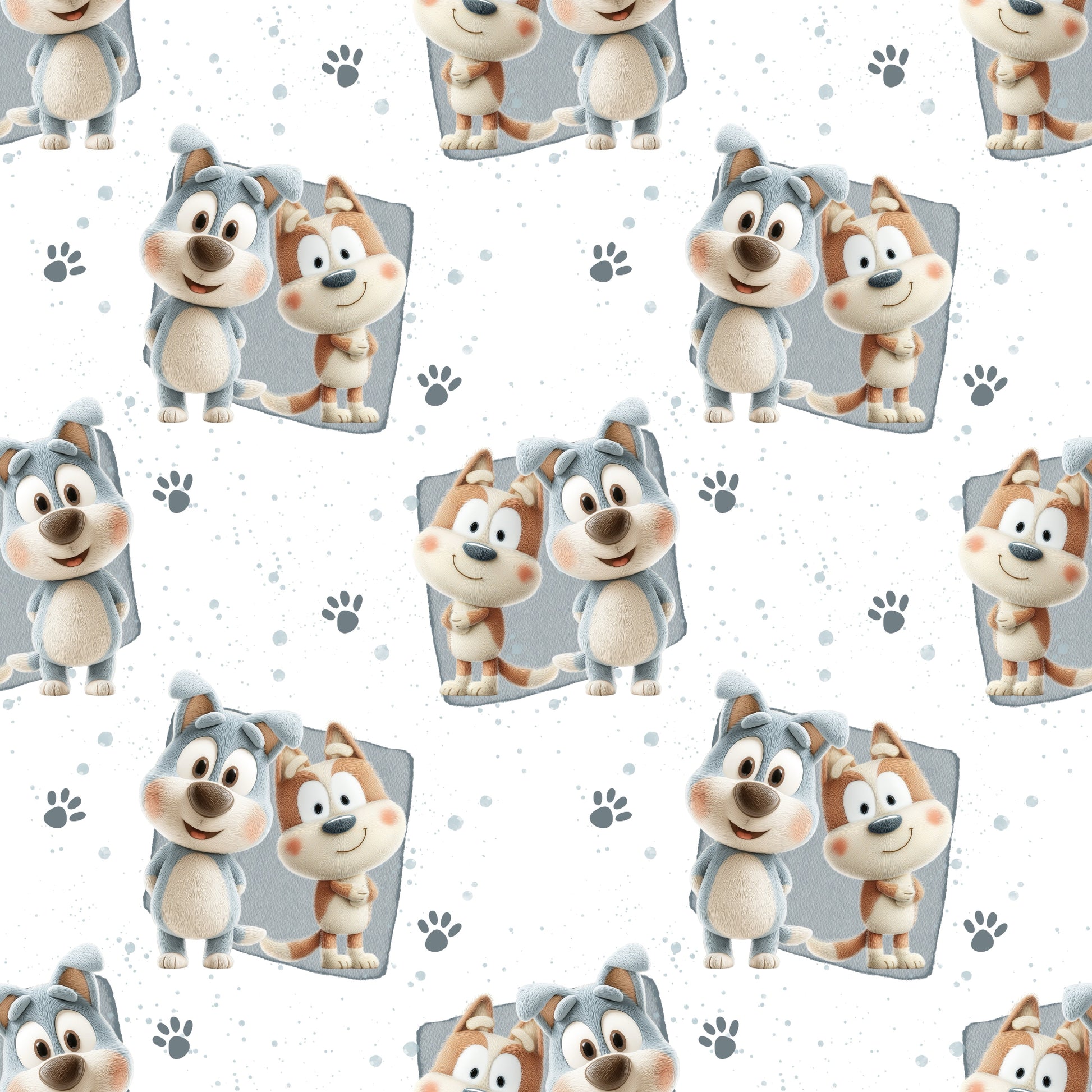 Nahtloses Stoffdesign „Geschwisterhunde“ mit zwei fröhlichen Hunden: einer in Grau, einer in Beige, beide mit großen Augen und rosigen Wangen. Hintergrund mit zarten Farbklecksen und kleinen Pfotenabdrücken.