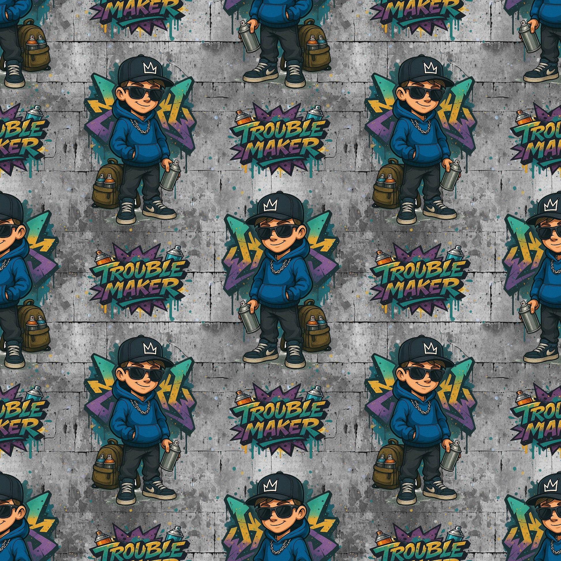 Nahtloser Stoff mit Graffiti-Motiv: Ein lässiger Junge mit Kappe, Sonnenbrille und Spraydose steht vor einer bunten Wand mit „Trouble Maker“-Schriftzug – urbaner Streetstyle in kräftigen Farben auf grauer Beton-Optik.