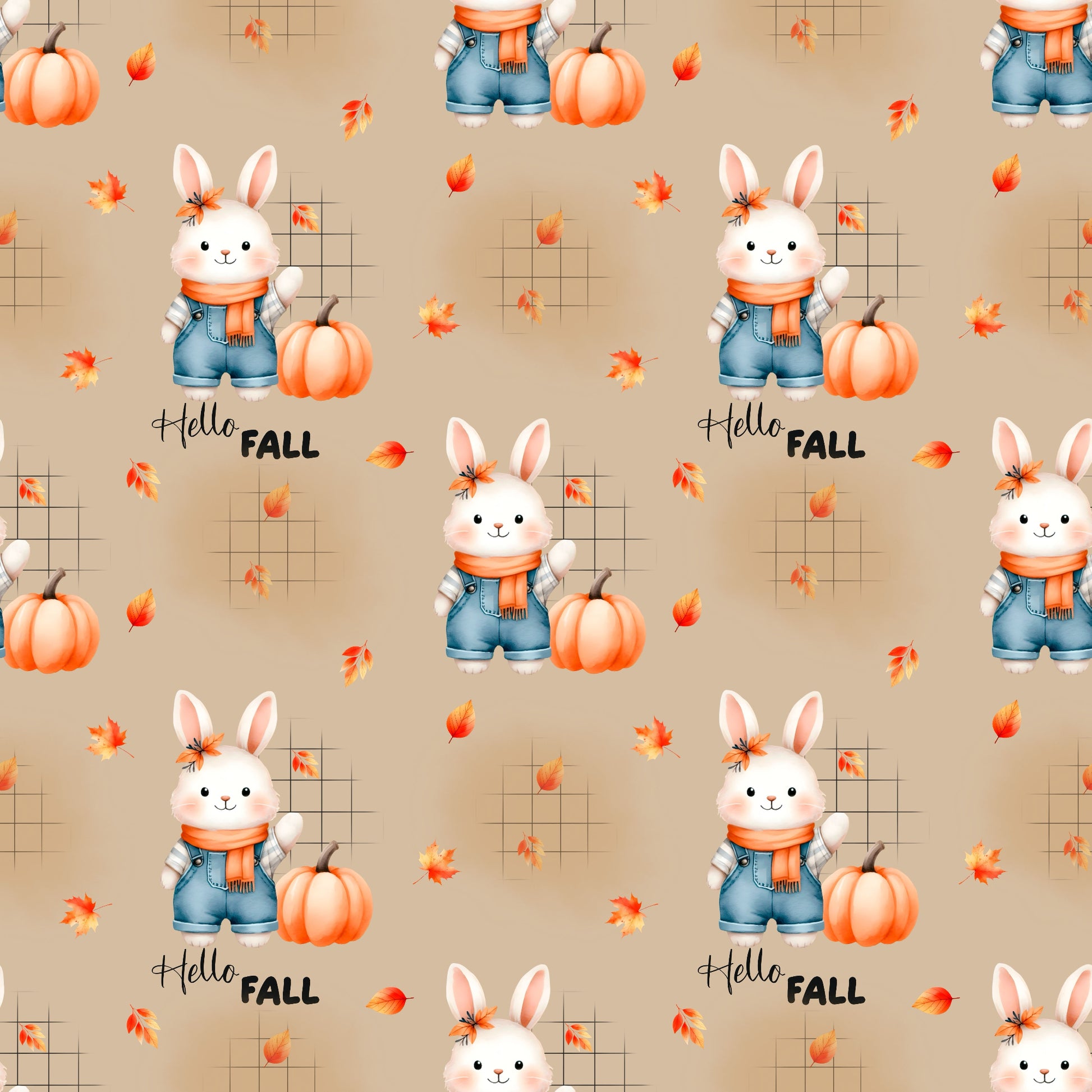 Herbststoff „Herbsthäschen – Hello Fall“ mit Hase, Kürbis, fallenden Blättern und Schriftzug auf beigem Hintergrund.