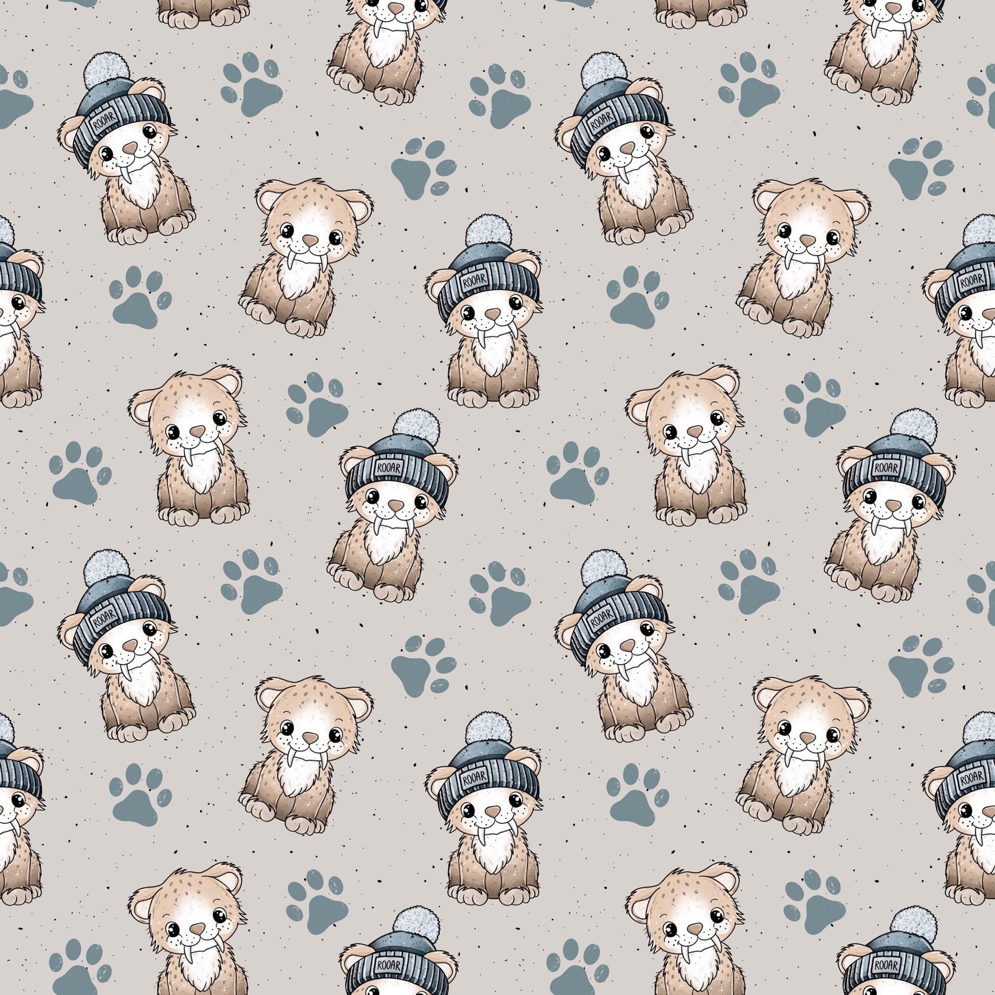 Stoffkachel „Säbi“ – handgemalter Säbelzahntiger & Pfoten auf sandbeigem Kinderstoff (Jersey/French Terry) von Katzengold-Designs