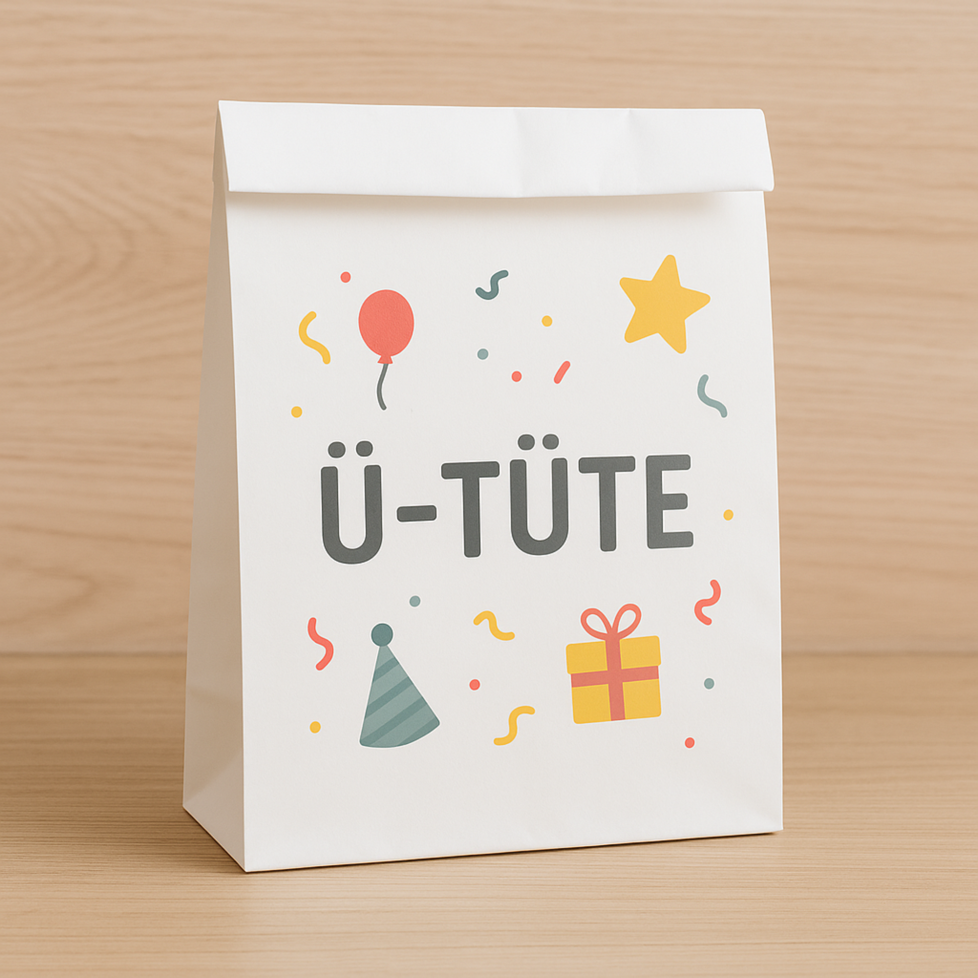 Weiße Papiertüte mit der Aufschrift „Ü-TÜTE“, dekoriert mit Konfetti, Stern, Geschenk und Partyhut – auf Holzuntergrund.