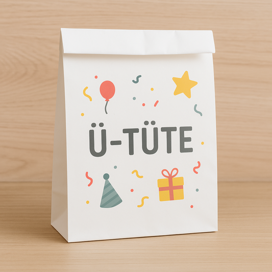 Weiße Papiertüte mit der Aufschrift „Ü-TÜTE“, dekoriert mit Konfetti, Stern, Geschenk und Partyhut – auf Holzuntergrund.