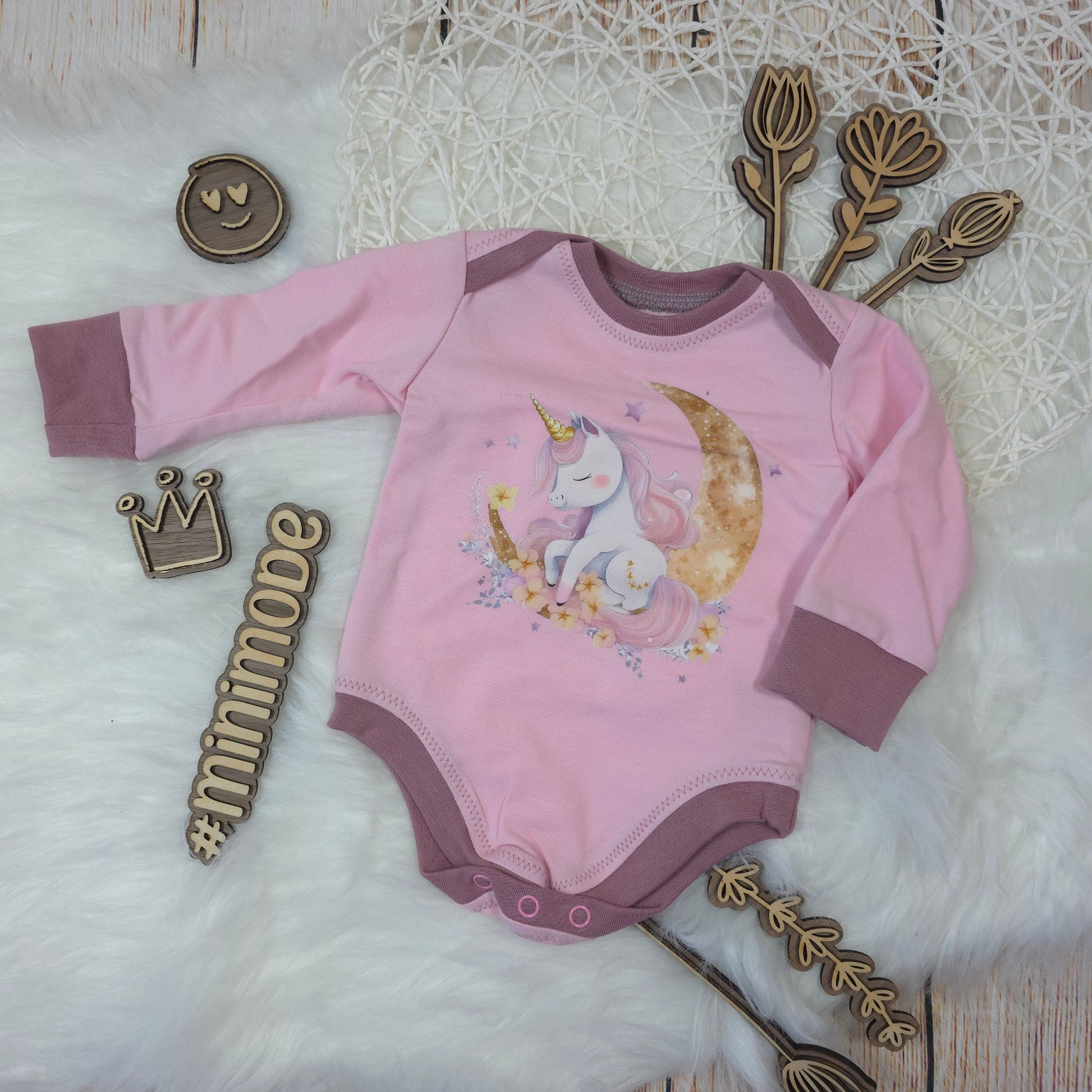 Baby Body rosa Einhorn Größe 50/56 handgemacht aus French Terry mit Motiv