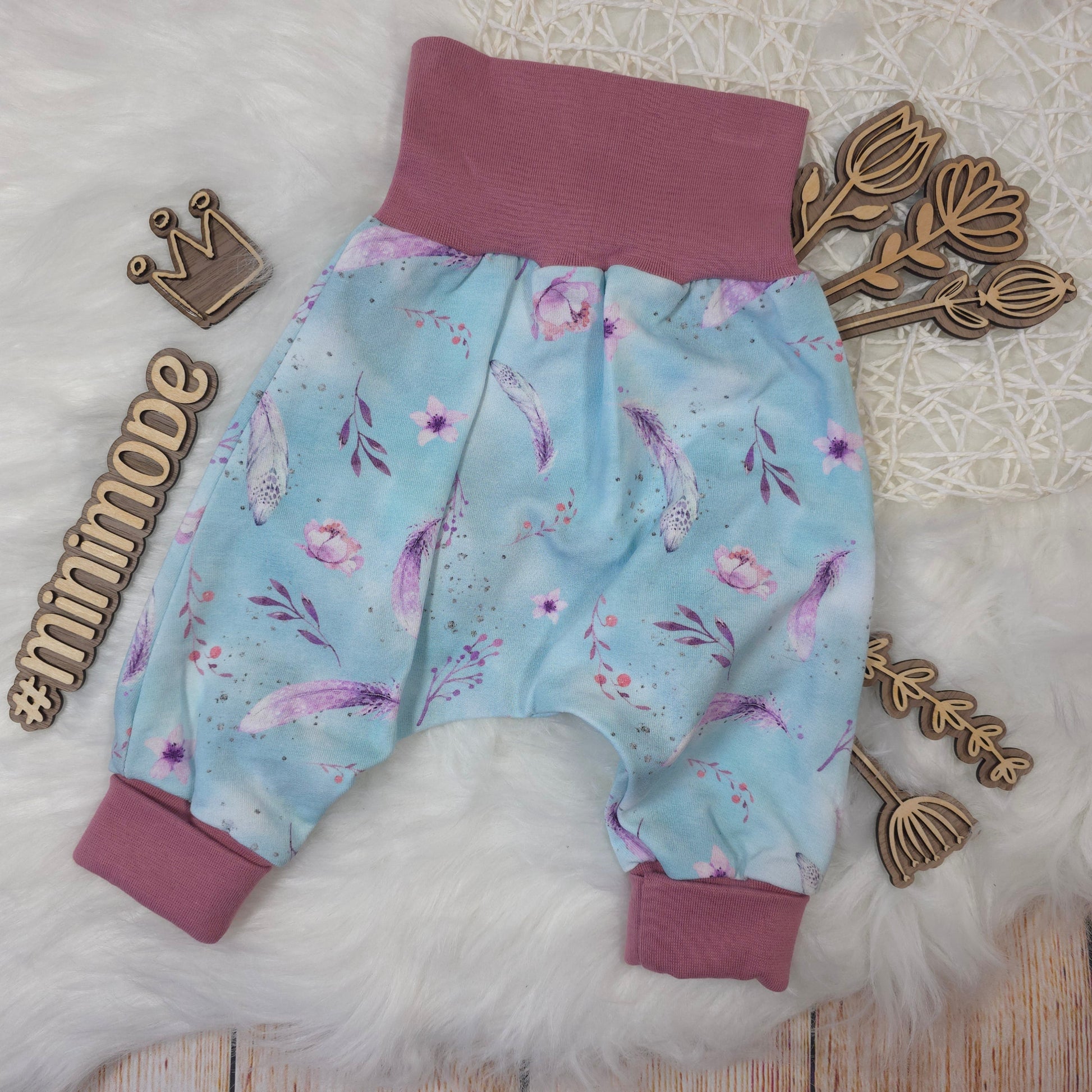 Baby Pumphose Größe 68 74 Feder Blüten French Terry handgemacht
