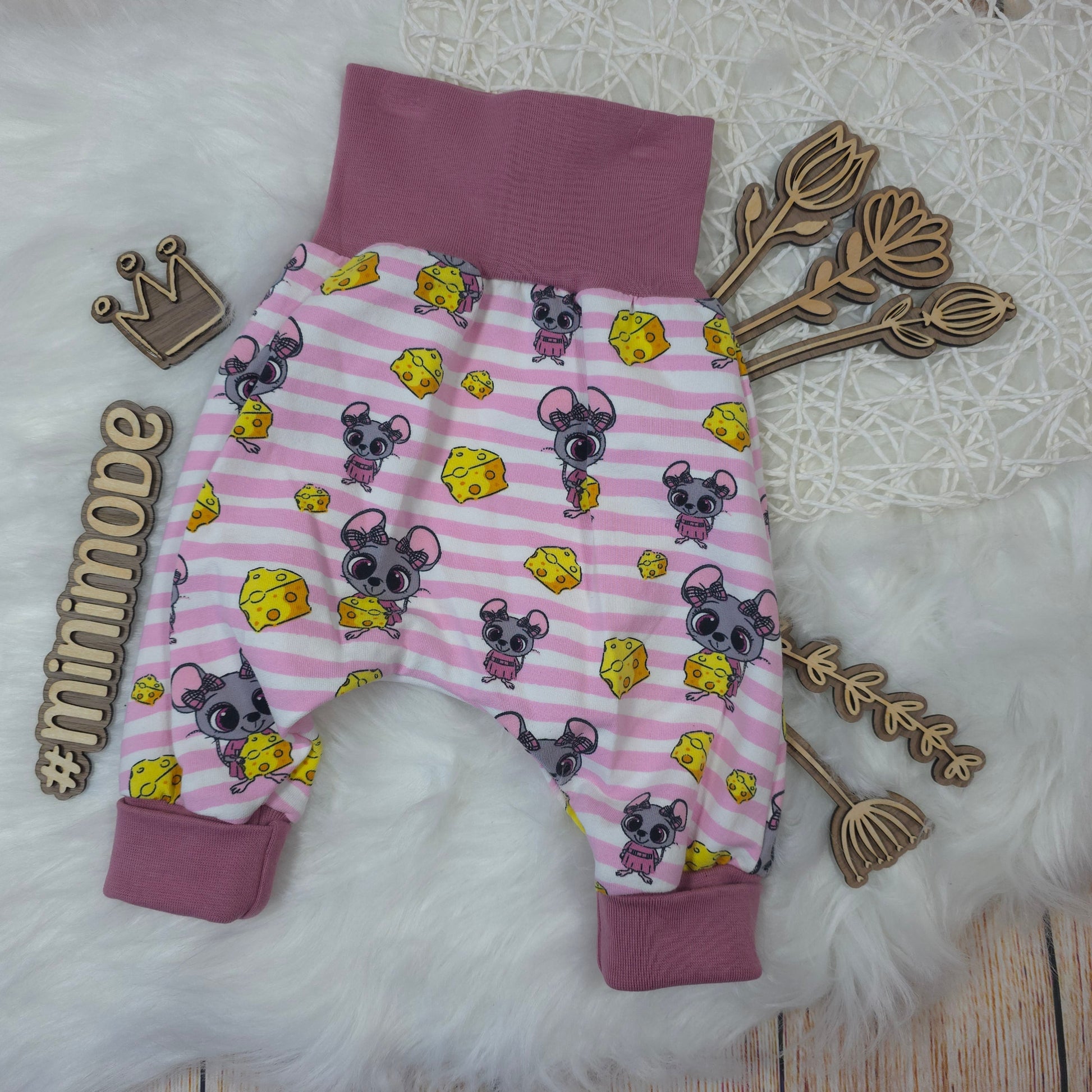 Baby Pumphose Größe 68 74 Mäuse Käse Streifen French Terry handgemacht