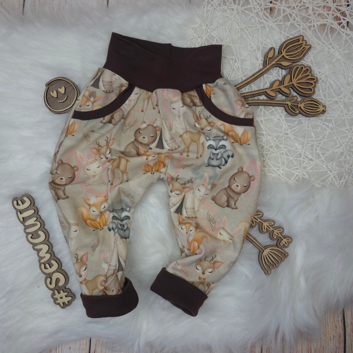 Baby Pumphose Größe 68 Waldtiere mit Taschen aus French Terry handgemacht