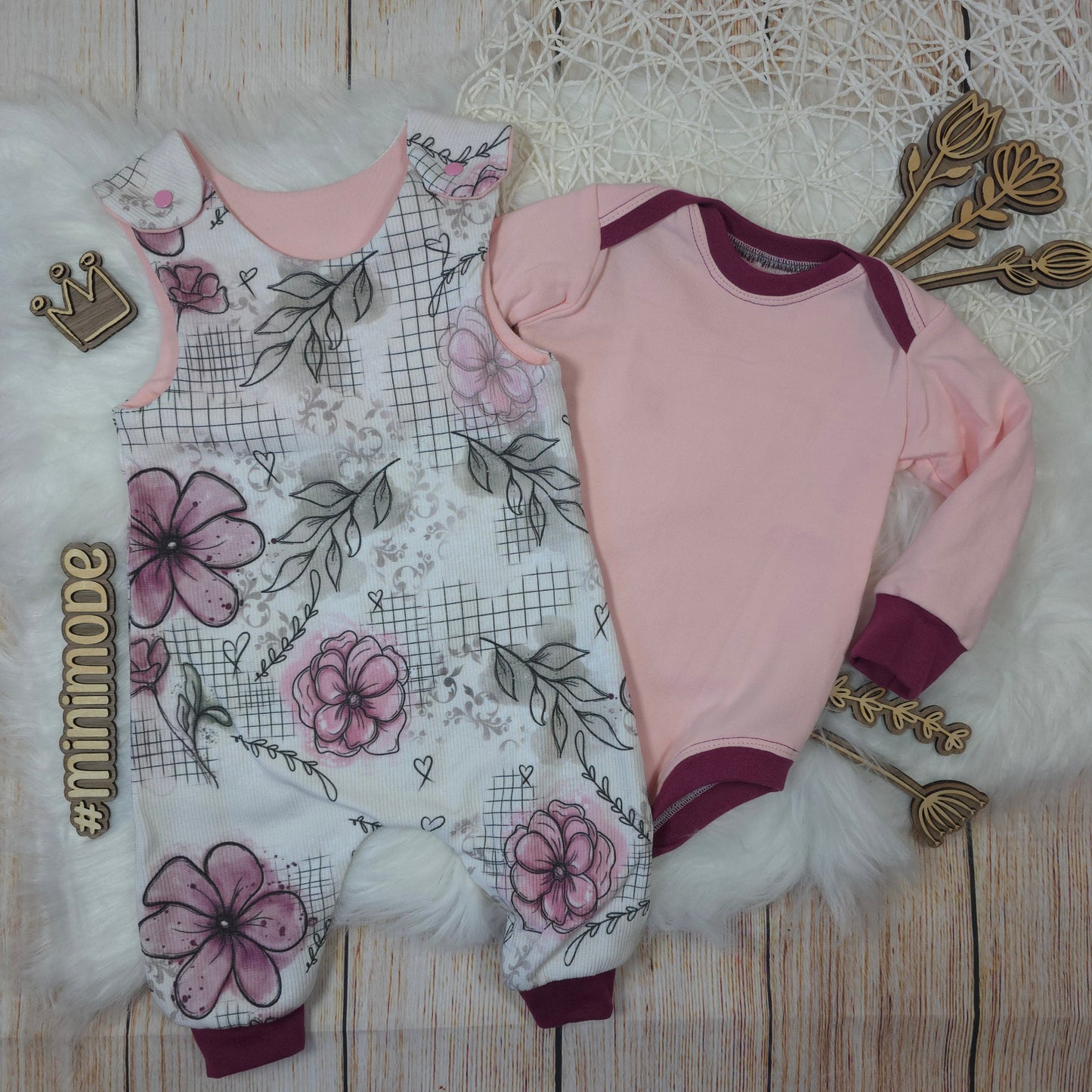 Baby Set 62/68 mit Strampler und Body im Blumen Design rosa aus Wintersweat und Ripp Jersey handgemacht