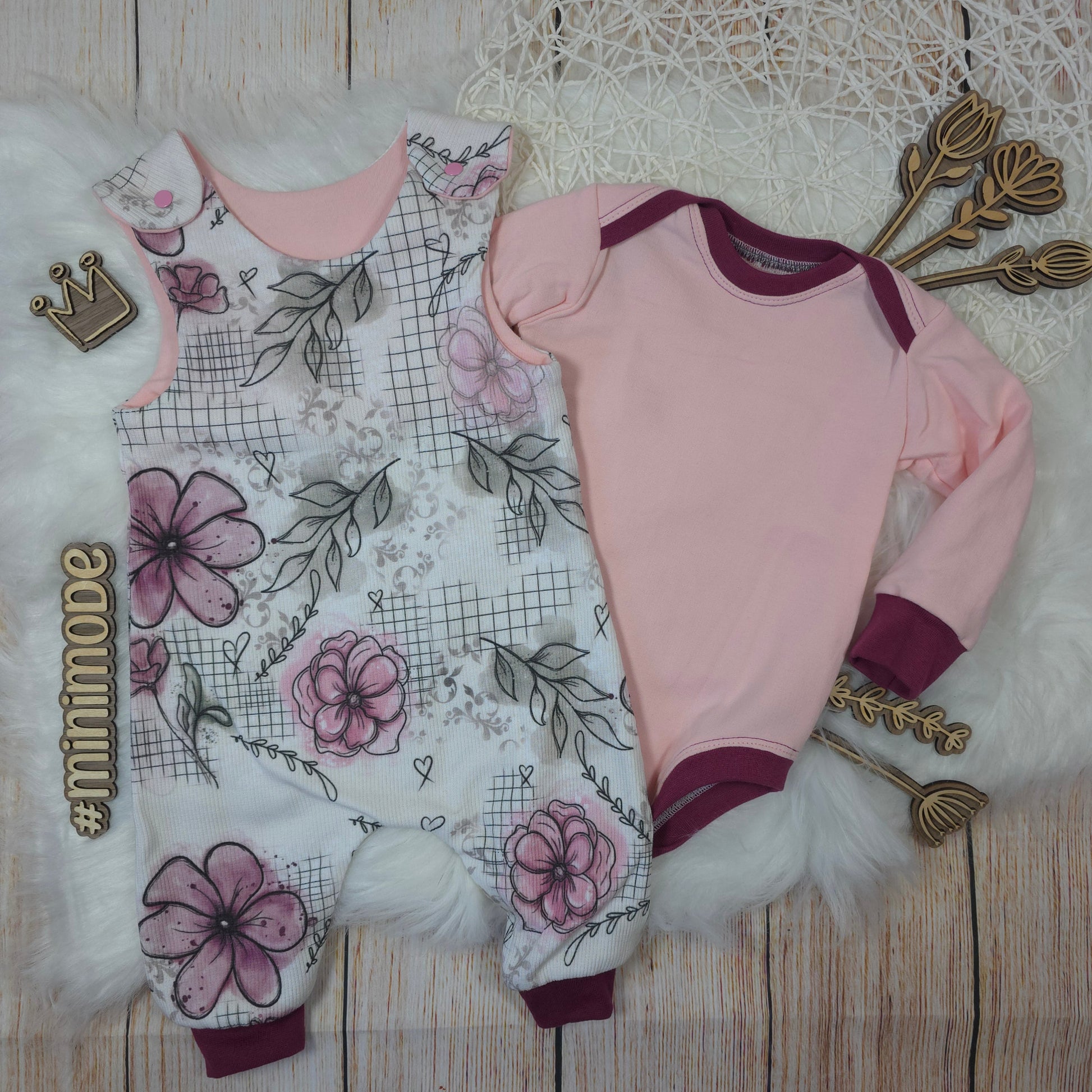 Baby Set 62/68 mit Strampler und Body im Blumen Design rosa aus Wintersweat und Ripp Jersey handgemacht