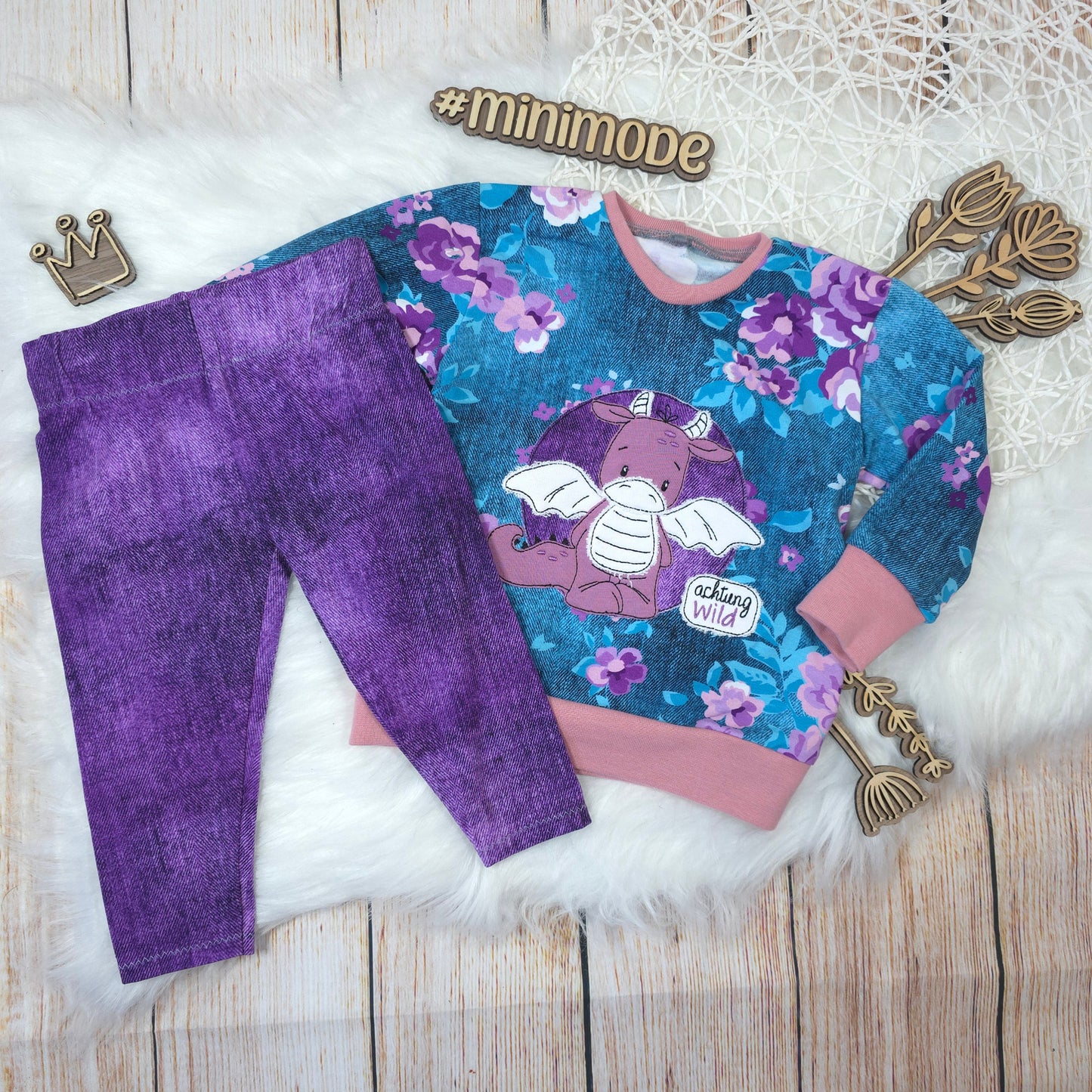 Baby Set 62/68 mit Pullover und Leggings Drachen Stickerei lila blau handgemacht