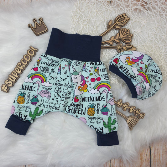 Baby Set Größe 56/62 mit Pumphose und Mütze im Einhorn Regenbogen Design aus French Terry handgemacht