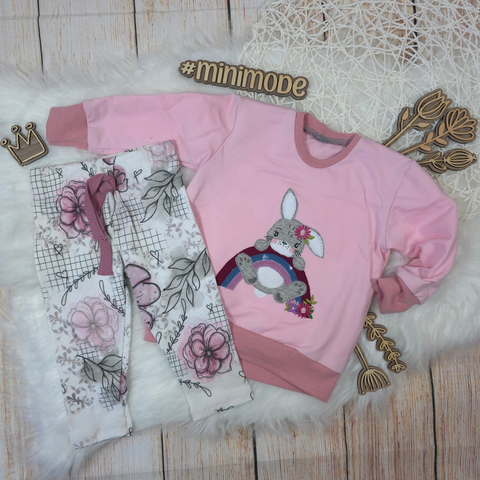 Baby Set 62/68 mit Pullover und Leggings Häschen Stickerei aus French Terry und Ripp Jersey handgemacht