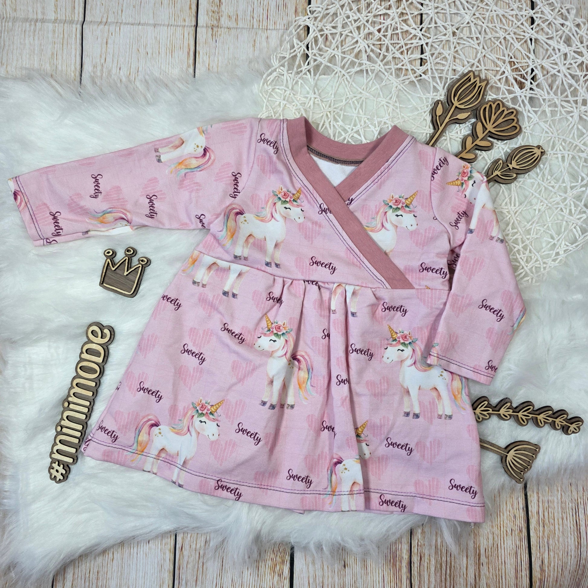 Baby Tunika Größe 74 Einhorn rosa French Terry langarm Wickeloptik handgemacht