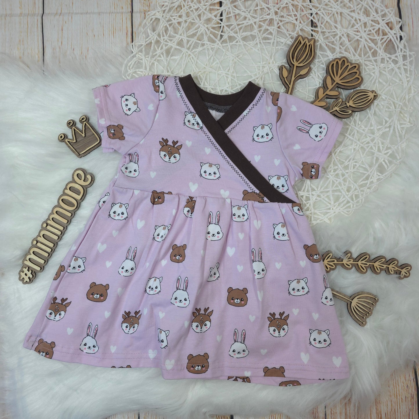 Baby Tunika Größe 68 rosa mit Tiermotiven Wickeloptik handgemacht