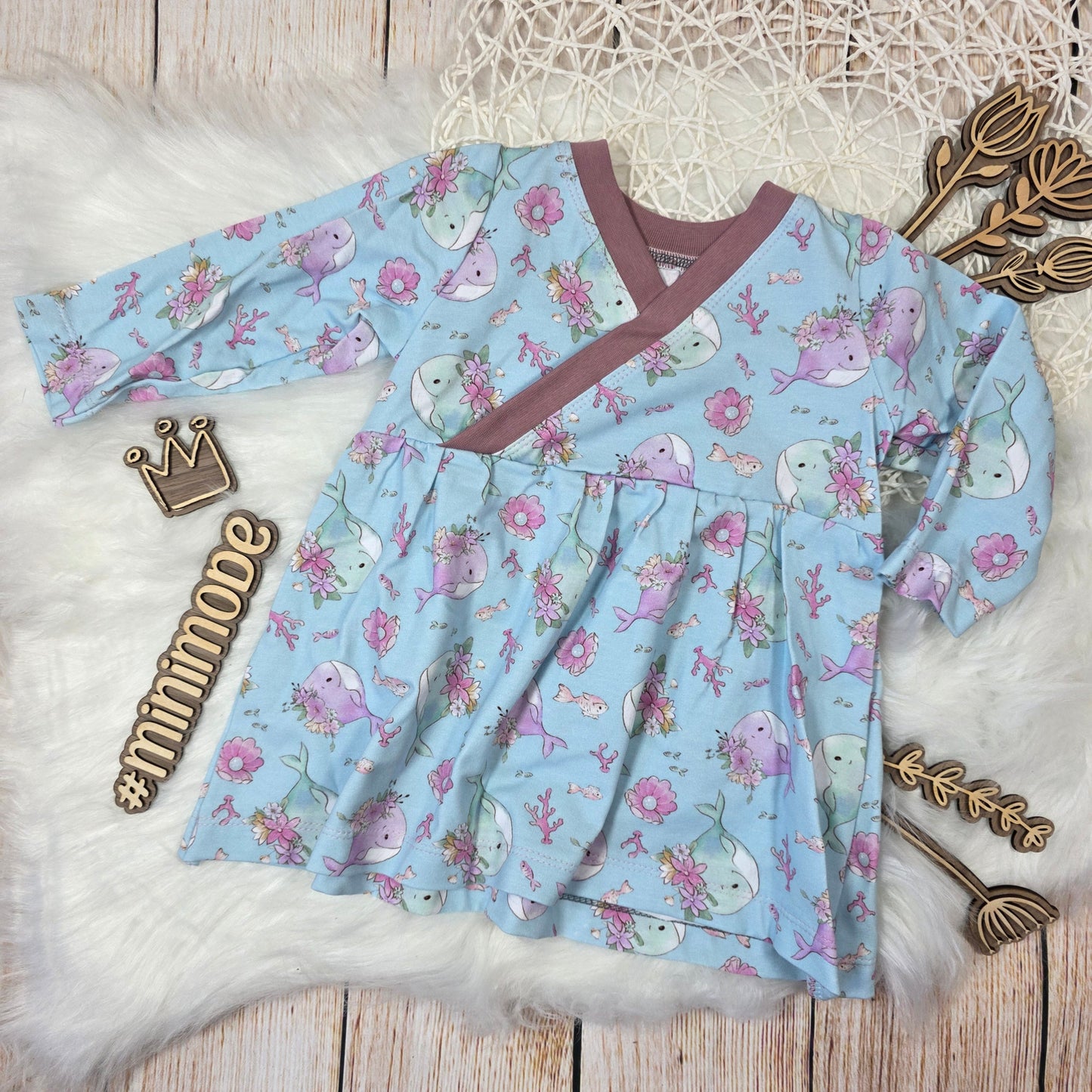 Baby Tunika Größe 74 Wal Blumen Jersey Wickeloptik handgemacht