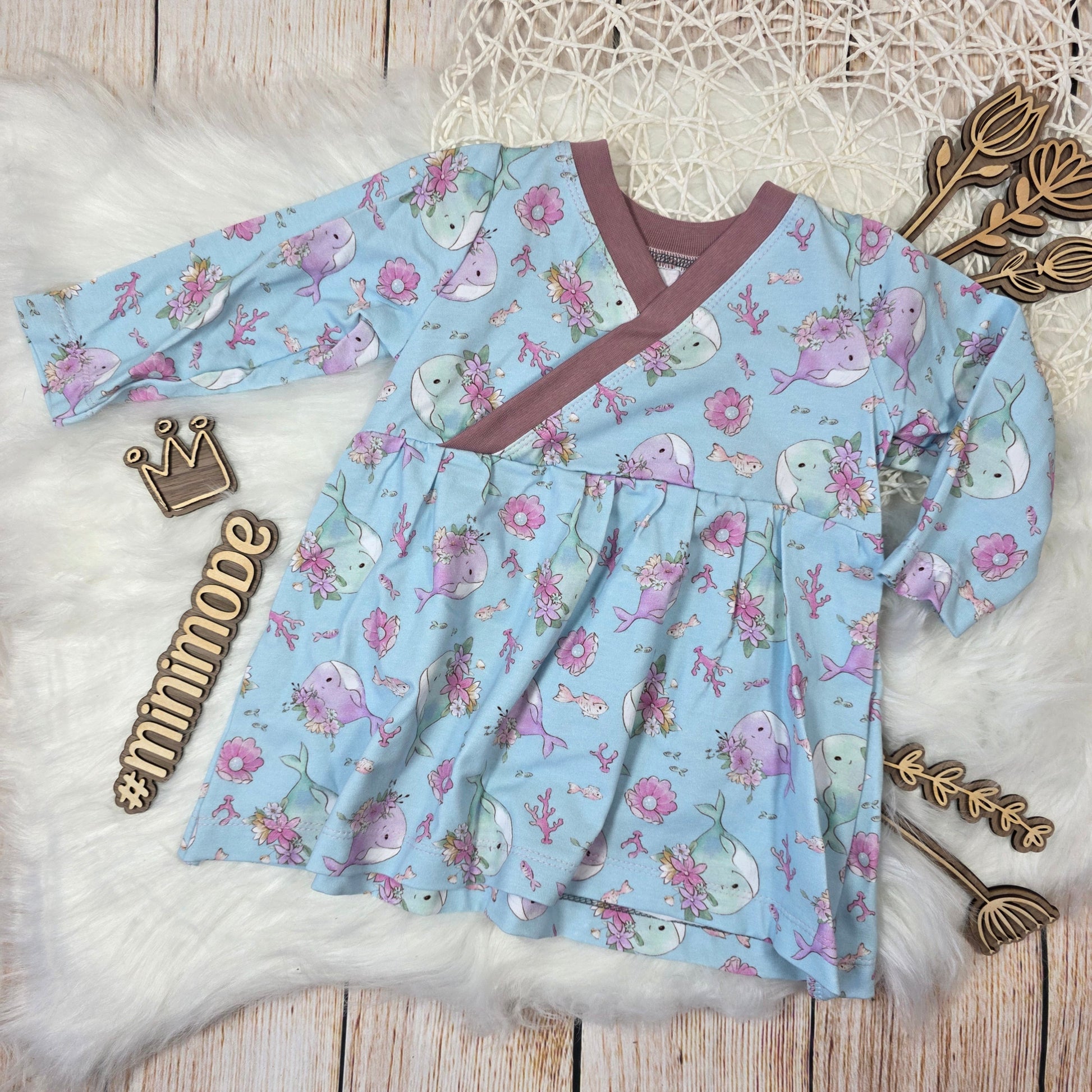 Baby Tunika Größe 74 Wal Blumen Jersey Wickeloptik handgemacht