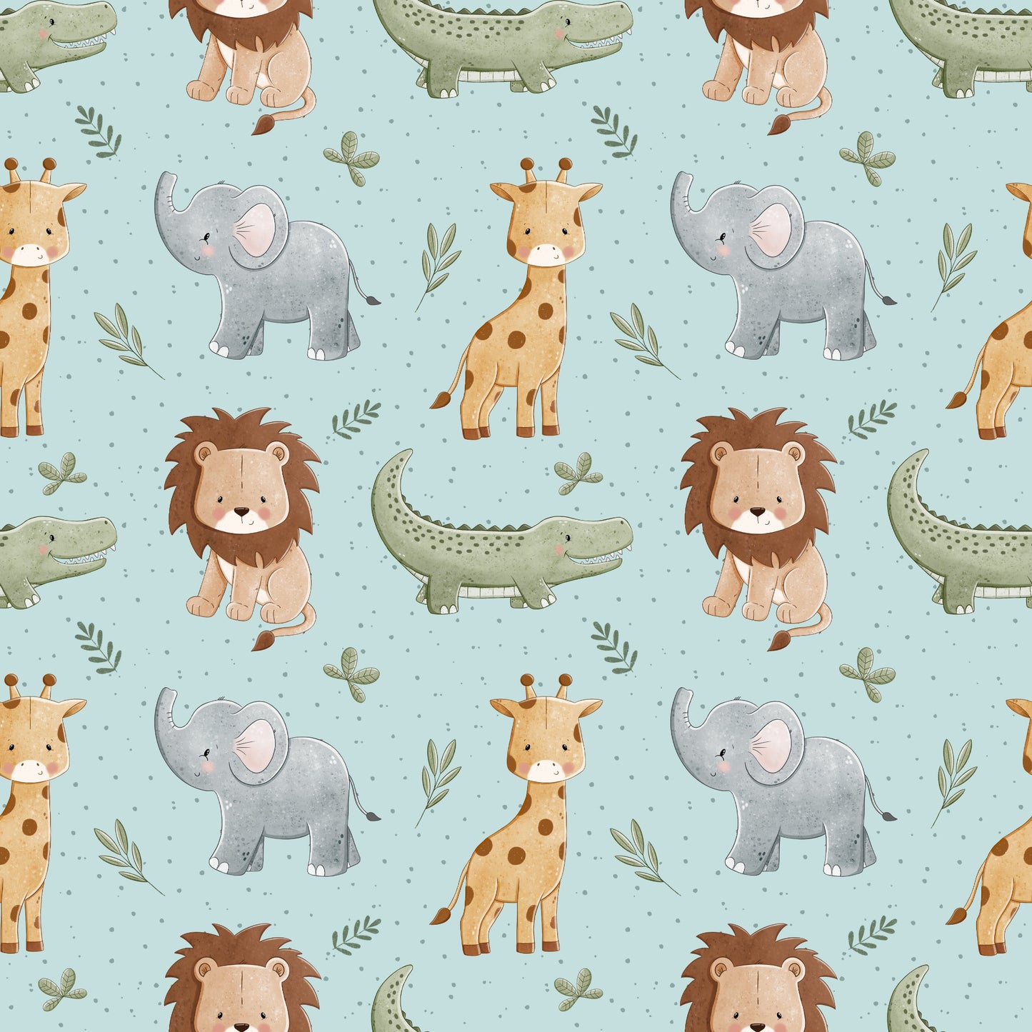 Toller Kinderstoff mit niedlichen Safaritieren wie Giraffe, Krokodil, Löwe & Elefant auf einem hellen blau mit dunkelblauen Dotties. In den Zwischenräumen befinden sich verschiedene Frane in grün.
