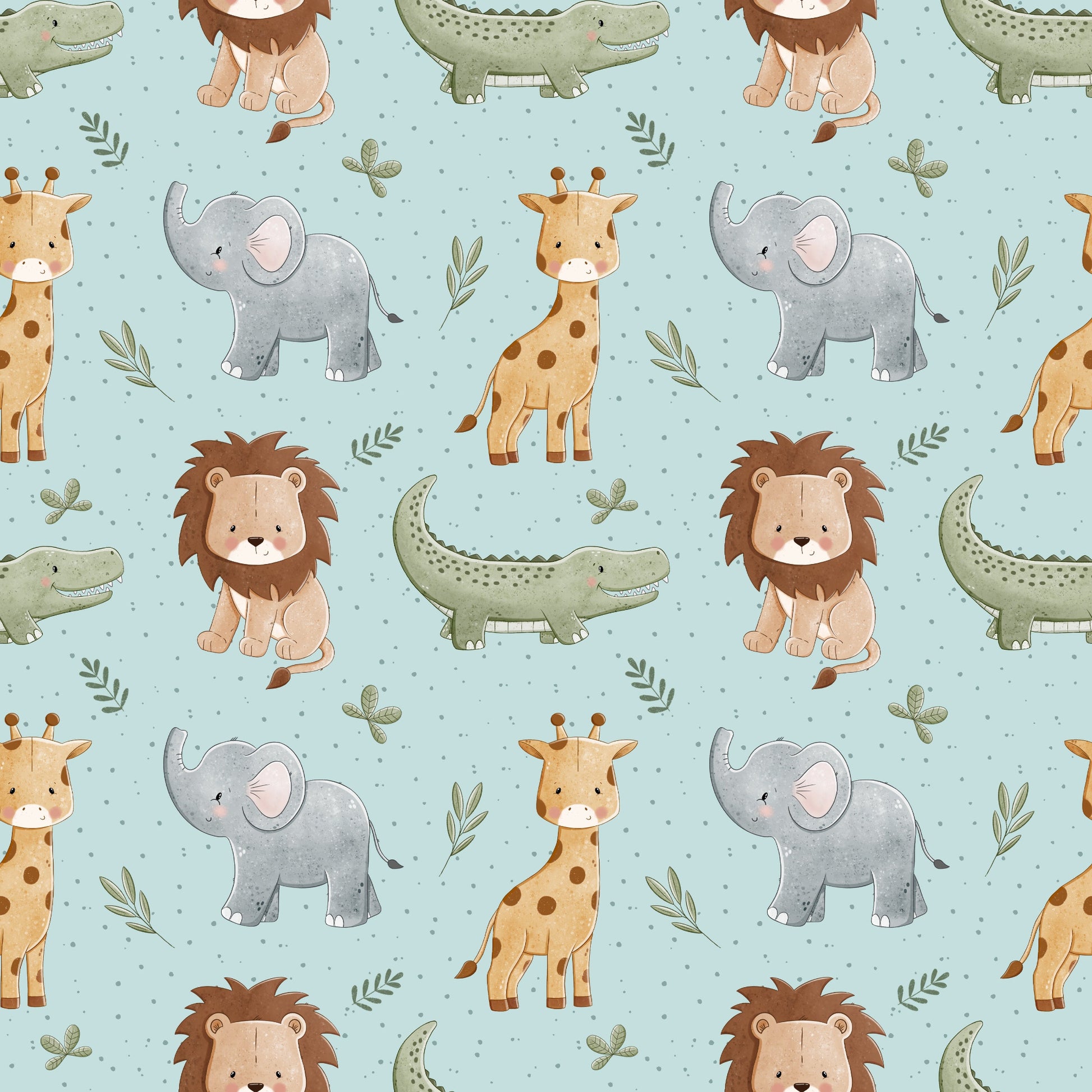 Toller Kinderstoff mit niedlichen Safaritieren wie Giraffe, Krokodil, Löwe & Elefant auf einem hellen blau mit dunkelblauen Dotties. In den Zwischenräumen befinden sich verschiedene Frane in grün.