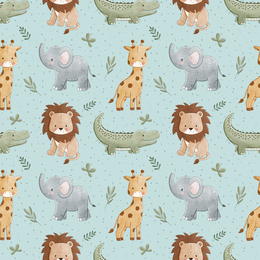 Toller Kinderstoff mit niedlichen Safaritieren wie Giraffe, Krokodil, Löwe & Elefant auf einem hellen blau mit dunkelblauen Dotties. In den Zwischenräumen befinden sich verschiedene Frane in grün.