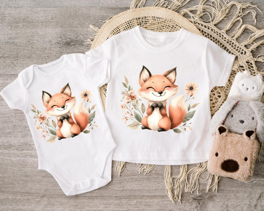 DIY-Textiltransfer mit süßem Boho Fuchs und Blumen für Baby- und Kindermode.