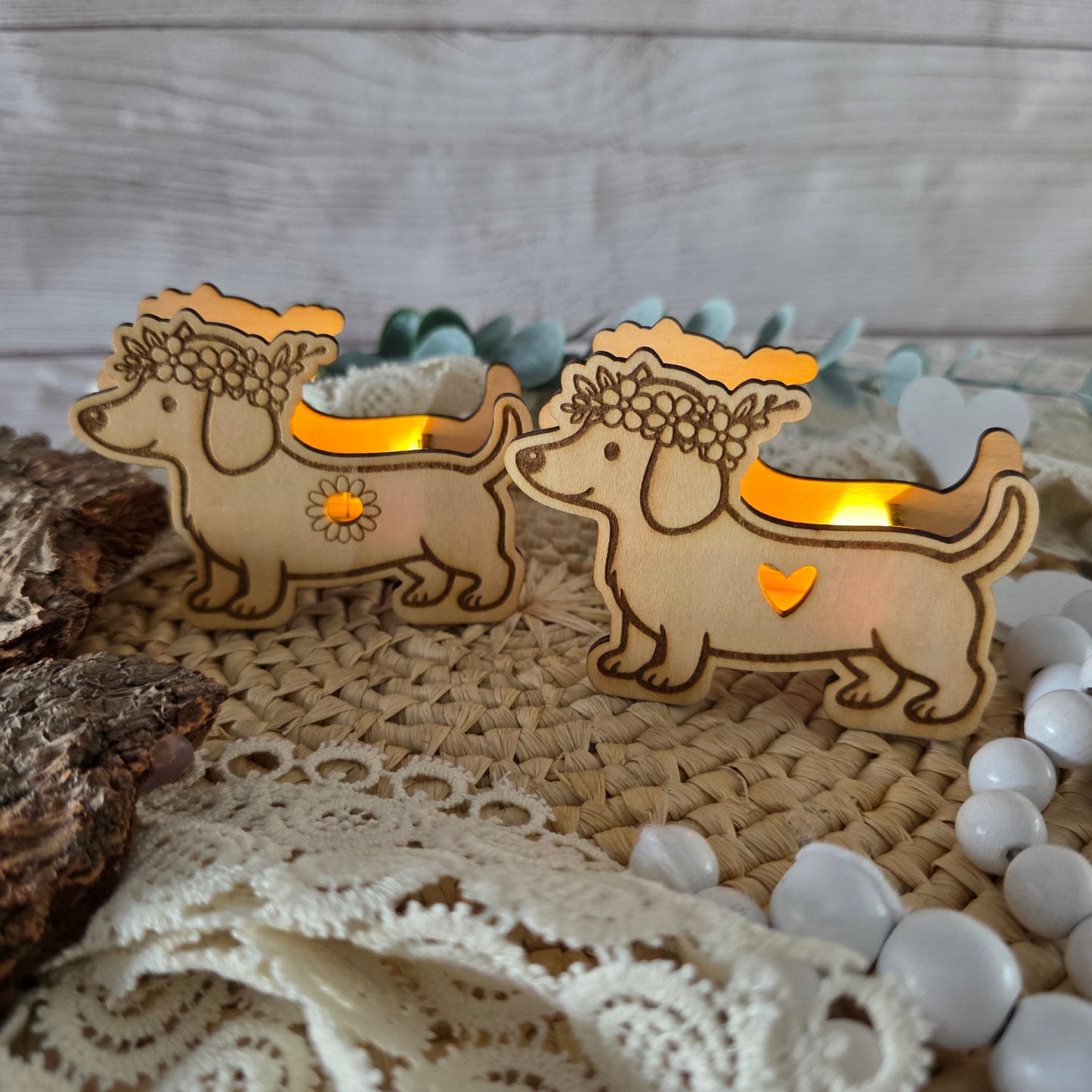 Ballonlichter Dackel aus Holz mit LED im Set dekorative Hunde Deko