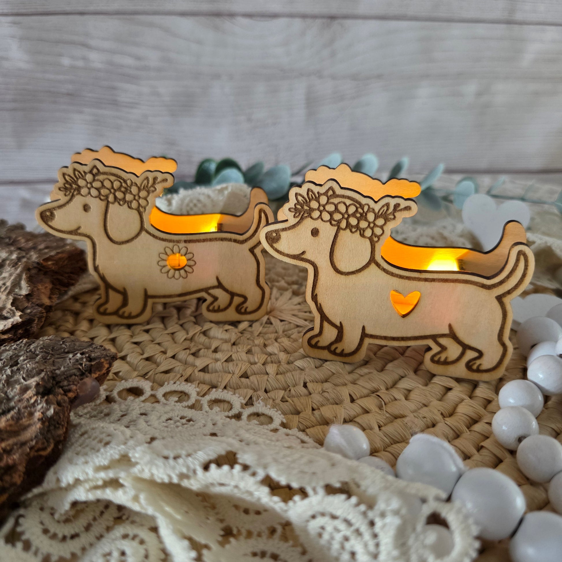 Ballonlichter Dackel aus Holz mit LED im Set dekorative Hunde Deko