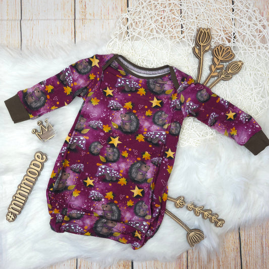 Handgemachte Ballontunika Baby Größe 56 mit Igel und Herbstmotiv aus Bambus Jersey