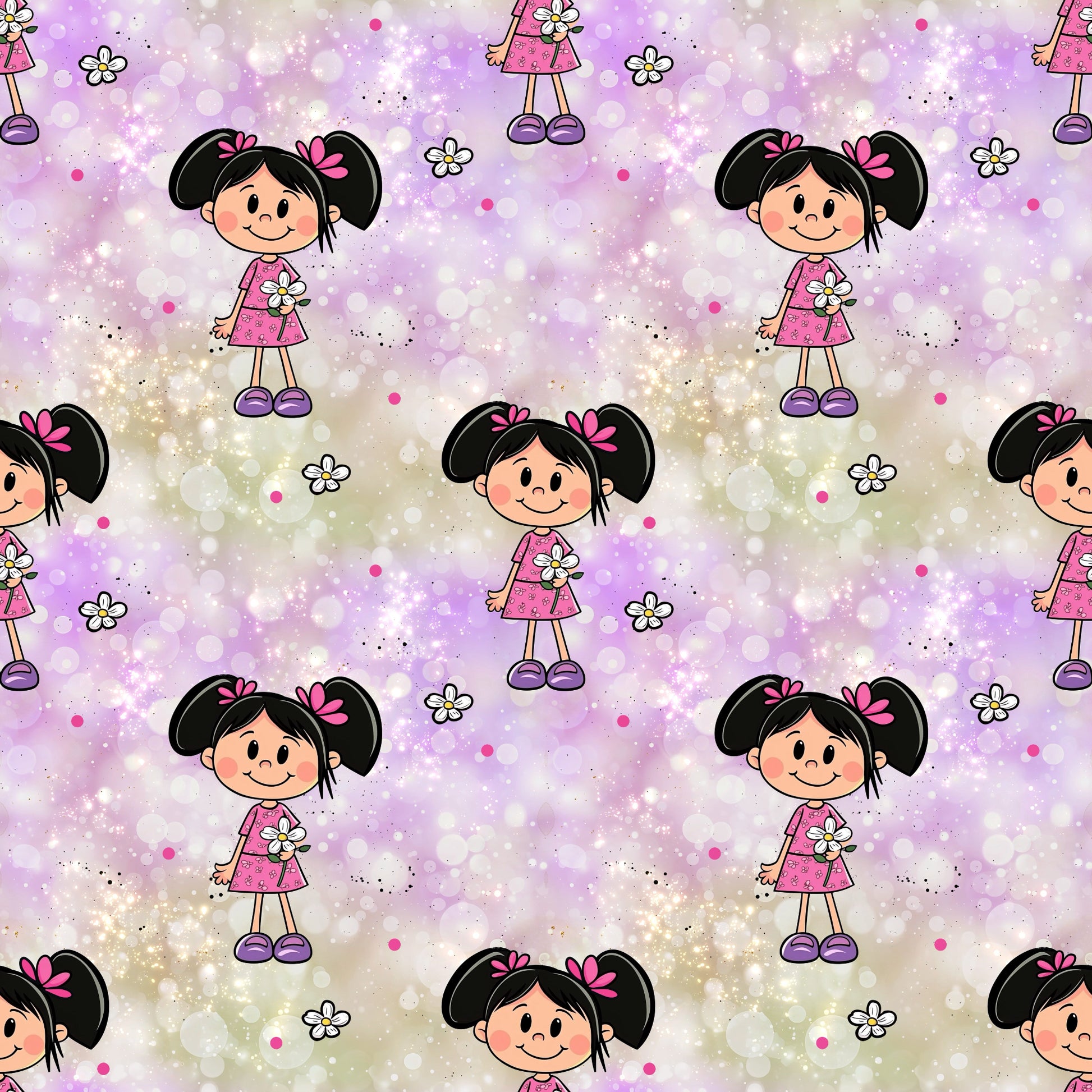 Blumenmädchen Stoff – Hochwertige Meterware mit süßem Mädchen-Design und Blumenmuster auf lila Hintergrund.