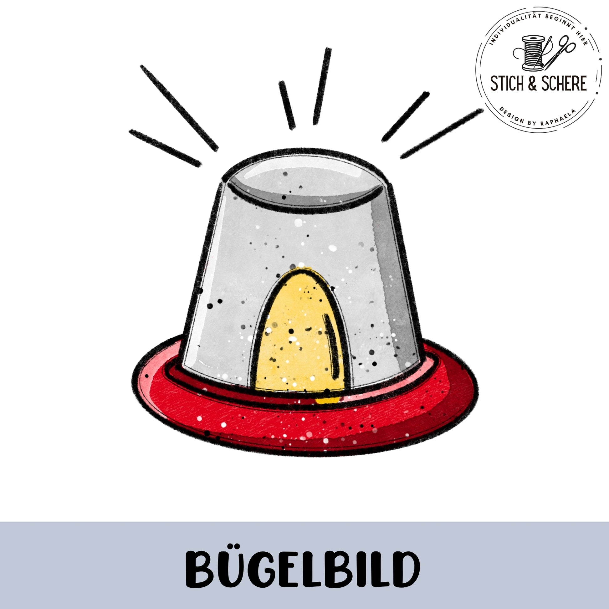 „Freigestelltes Bügelbild: graue Sirenenleuchte mit rotem Sockel und gelbem Fenster; darüber Strahlen, Illustration im kindlichen Stil.“