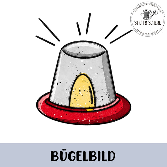 „Freigestelltes Bügelbild: graue Sirenenleuchte mit rotem Sockel und gelbem Fenster; darüber Strahlen, Illustration im kindlichen Stil.“