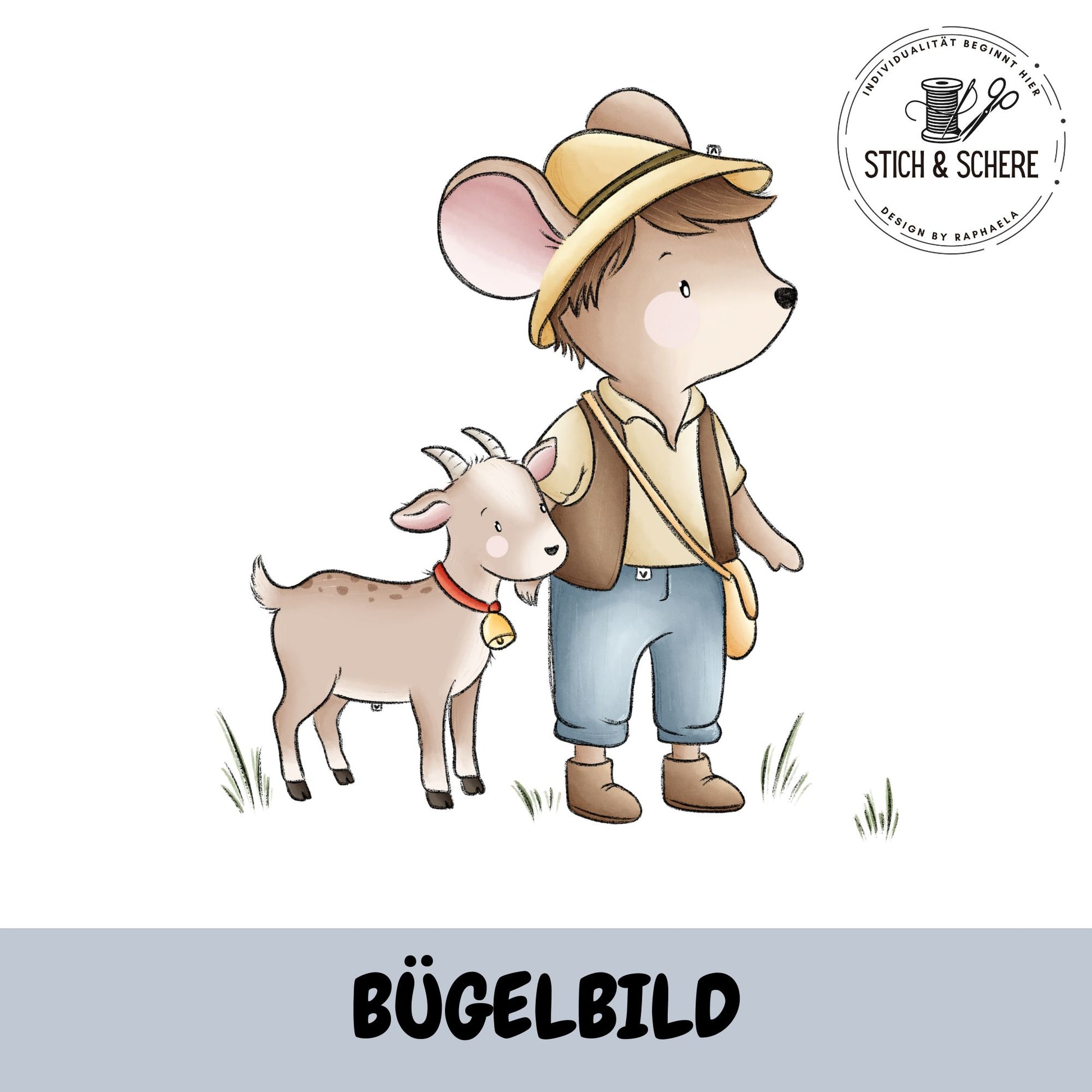 Bügelbild „Alpenmäuse“ mit kleiner Maus im Wanderoutfit und Ziege im handgemalten Aquarellstil als hochwertiger DTF-Transfer für Kinderkleidung