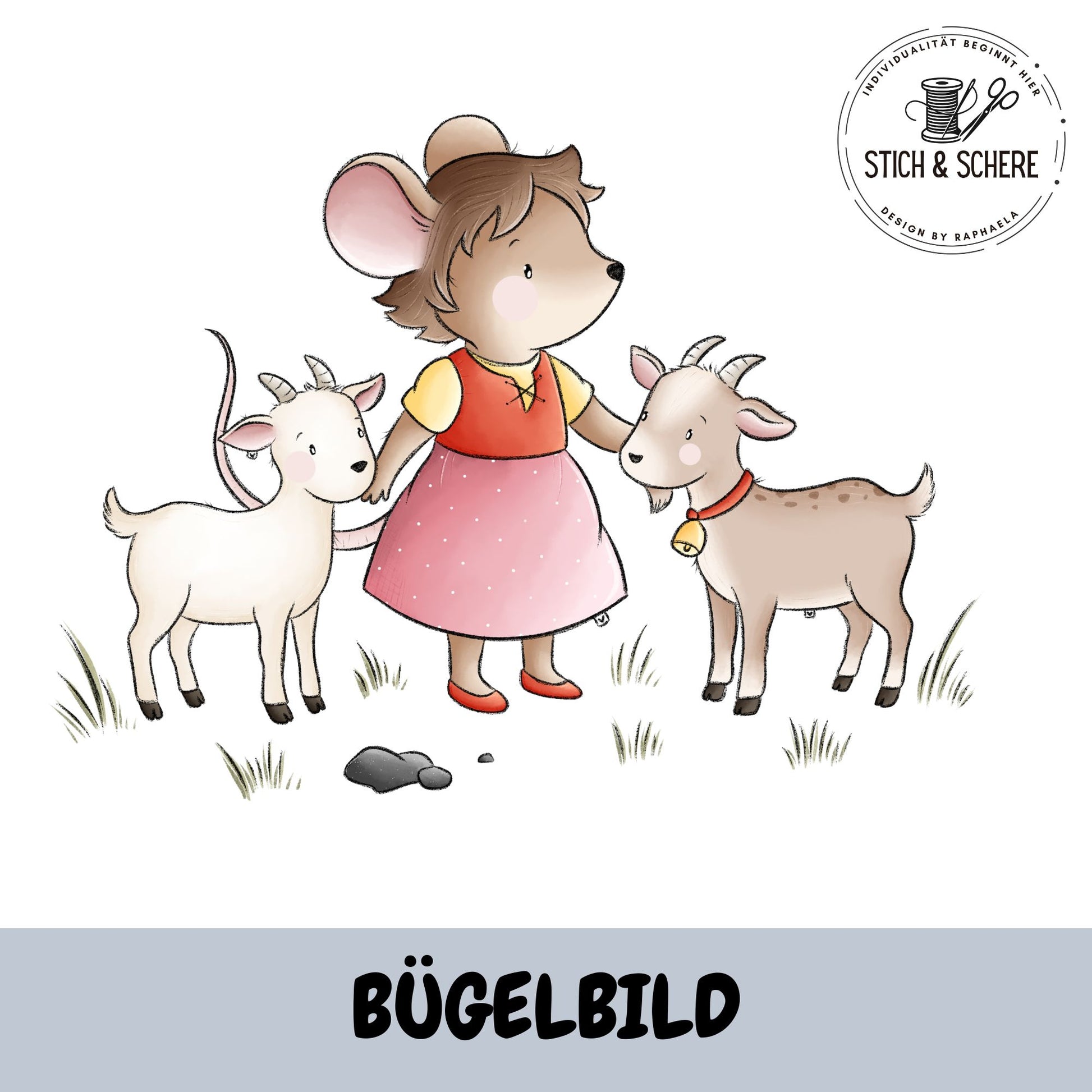 Bügelbild „Alpenmäuse“ mit kleiner Maus im Kleid zwischen zwei Ziegen im liebevollen Aquarellstil als hochwertiger DTF-Transfer für Kinderkleidung